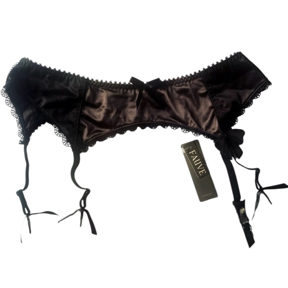 Fauve Chocolate Brown & Black Lacey Garter Belt w/ Bows Size Medium - NWT !
